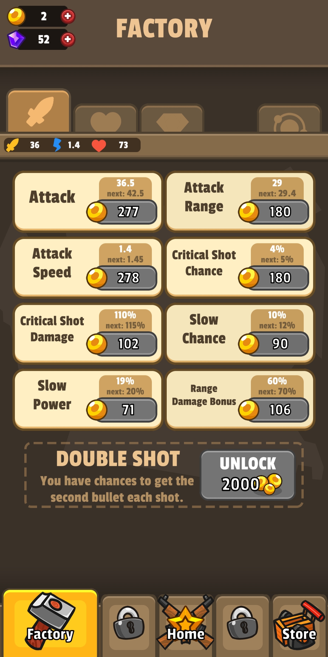 In-game screenshot of the upgrade options in the main menu showing the upgrades available like attack, slow chance.